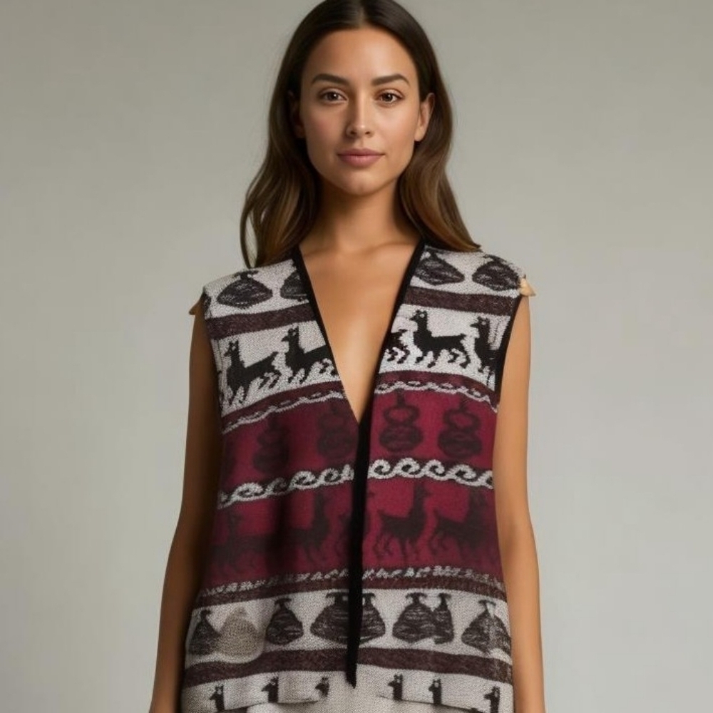 𝅺vintage Woven Southwestern Red Black & White Llamas Sleeveless Vest Size Large